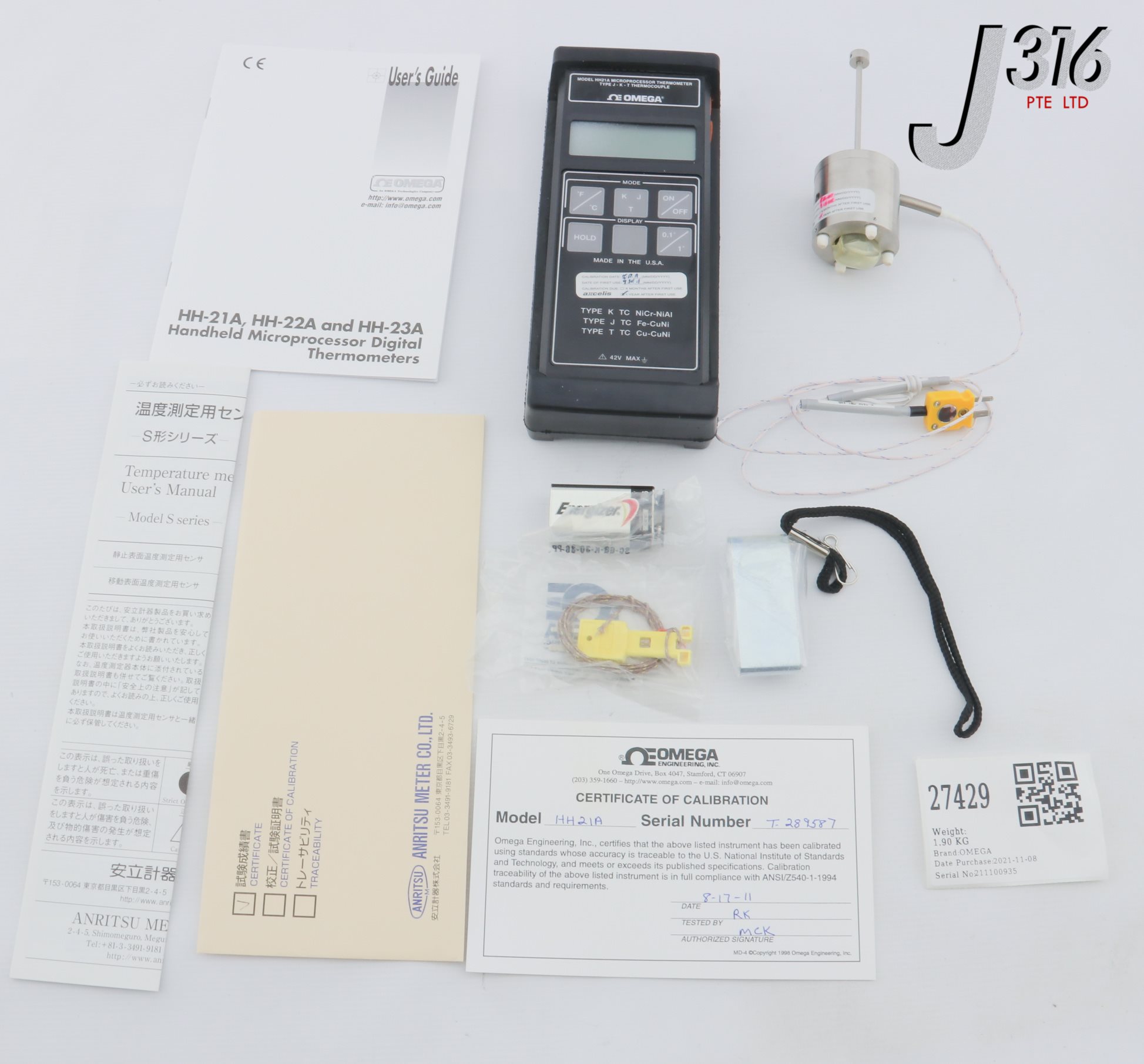 27429 OMEGA MICROPROCESSOR THERMOMETER, TYPE J-K-T THERMOCOUPLE